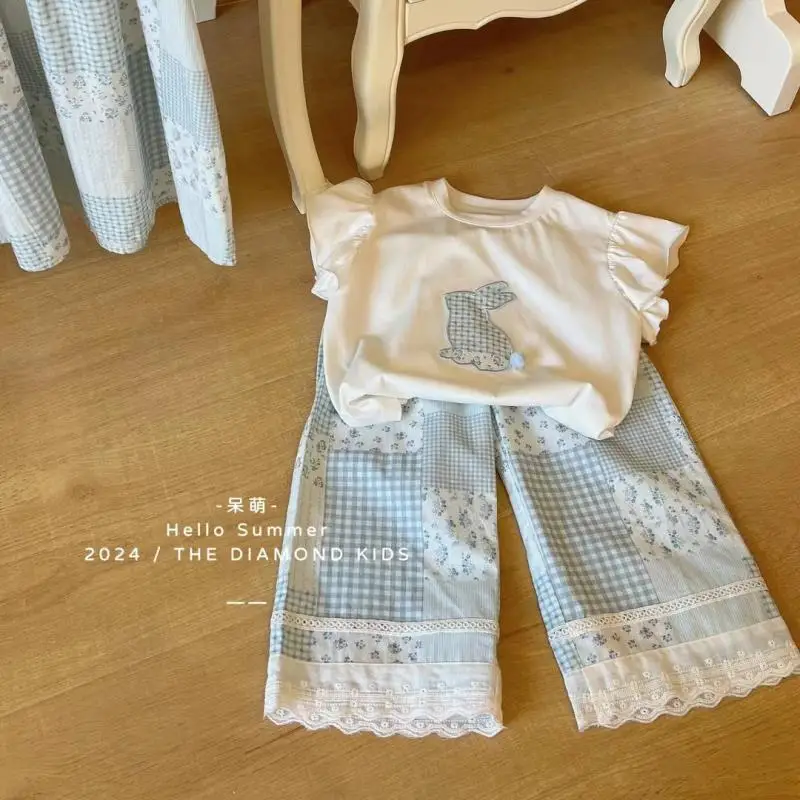 Summer girls' pure cotton bunny short sleeved T-shirt+comfortable breathable straight leg pants casual two-piece set