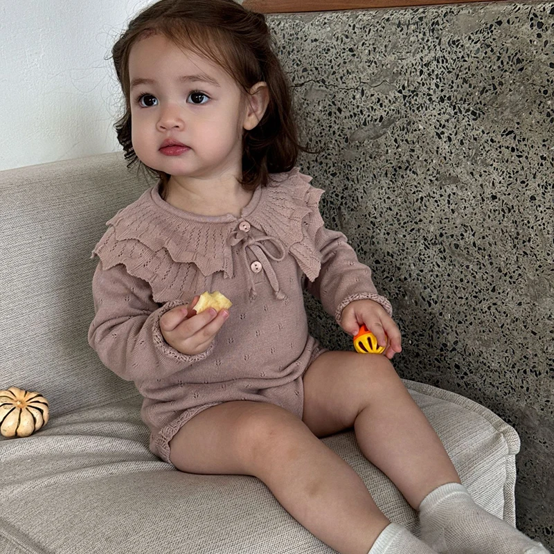 ملابس خريف جديدة لعام 2025 0-24 متر ملابس محبوكة لحديثي الولادة للفتيات بأكمام طويلة بلون سادة بدلة قفز محبوكة للفتيات الرضع