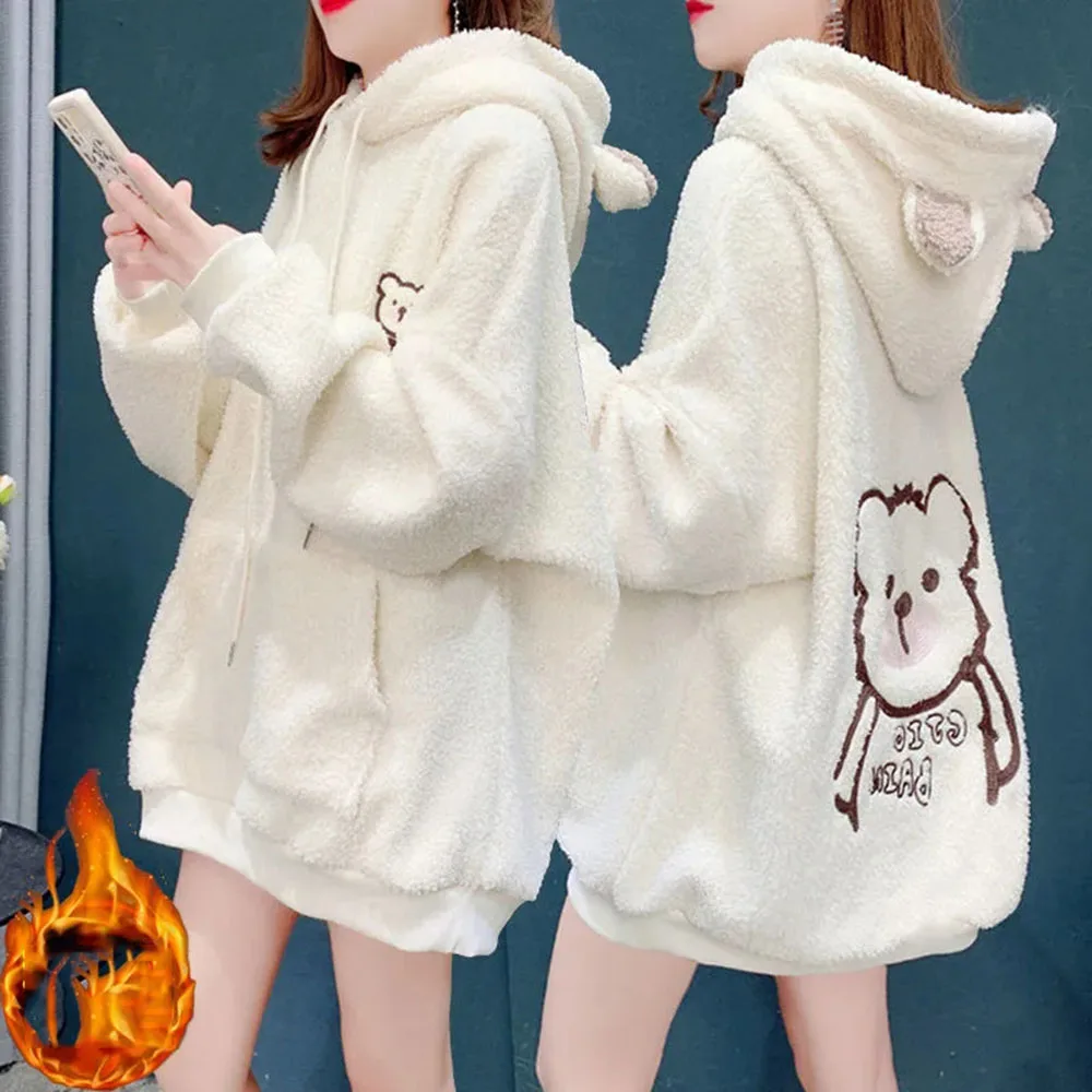 Autumn Winter Lamb Hoodies Women Kawaii Plush Sweatshirt Jacket Casual Warm Hooded Ear Female Cute Bear Print Sweatshirts Coats