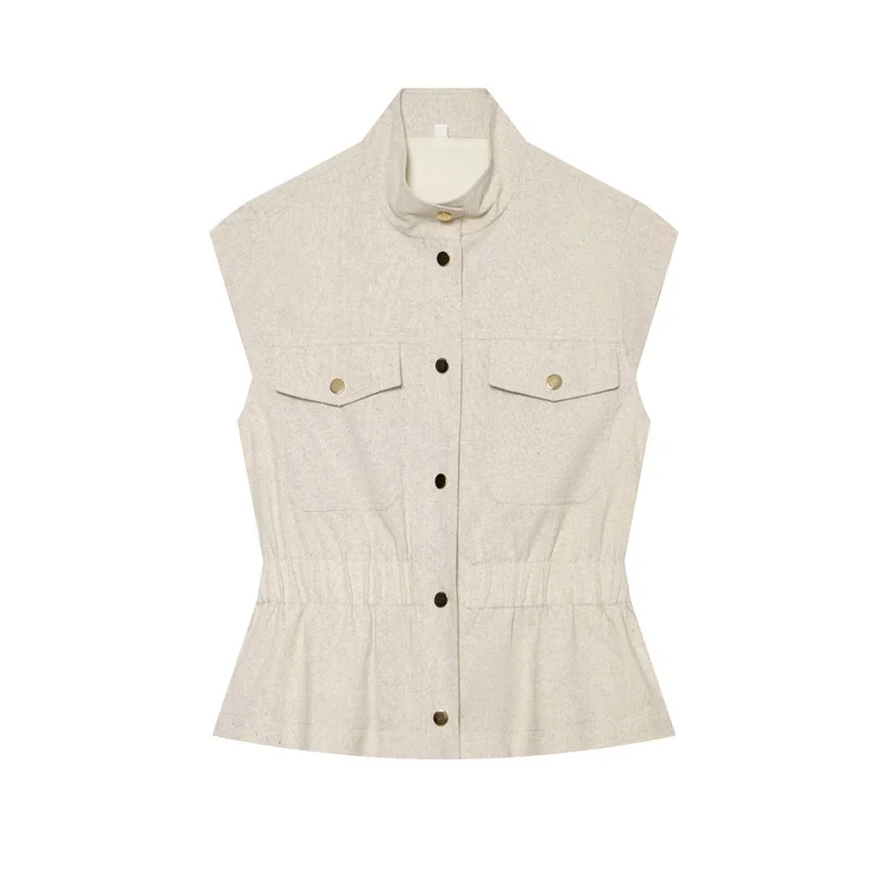 2026 Fall Minimalist Khaki Sleeveless Vest Elegant Pleated Waist Pocket Decoration Fashion Outfit