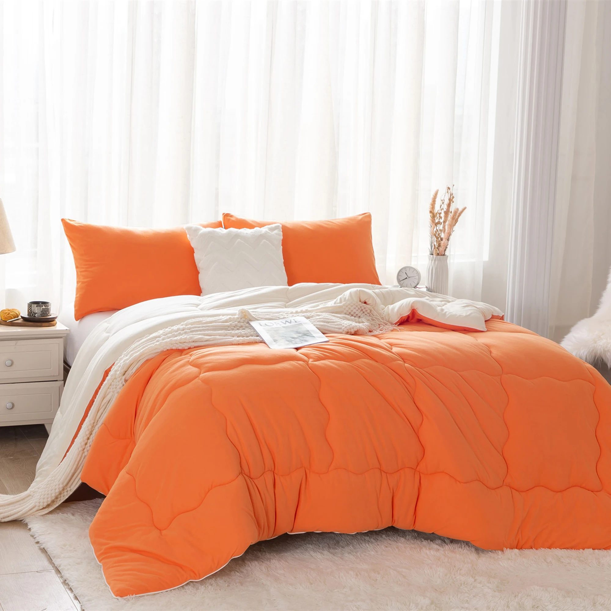 Reversible Softness Burnt Orange and Beige California King Size Comforter Sets Winter Soft Bedding Down Blanket Quilt