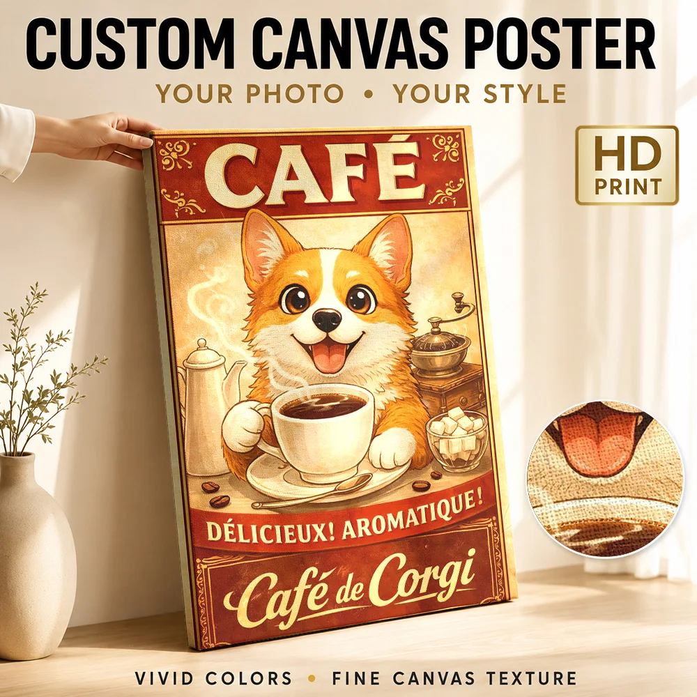 Cute Corgi Enjoying Coffee Canvas Painting Poster Personalized Modern Aesthetic Canvas Wall Art for Office Decor Ready to Hang