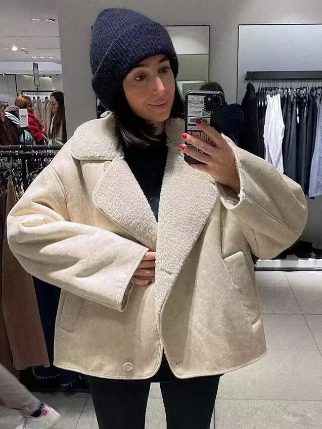 

BWQ Fleeced Faux Leather Jacket Women Outerwears Vintage Faux Wool Blends Coats for Woman Autumn Winter Plush Jacket Coat Women