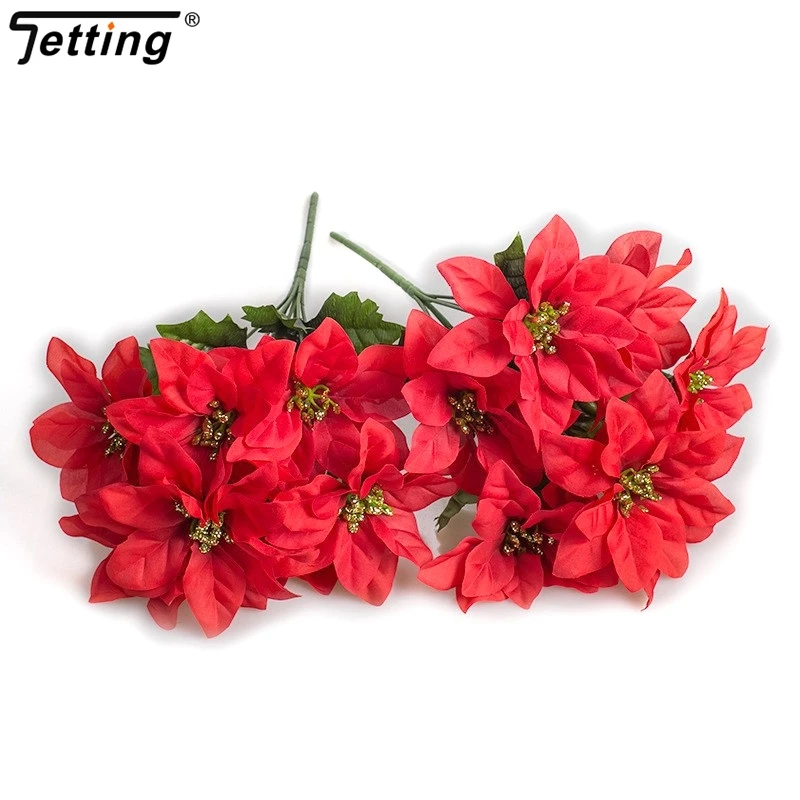 33cm Artificial Poinsettia Bushes Faux 7 Heads White Red Silk Artificial Christmas Flower Bouquet For Home Wedding Party Decor