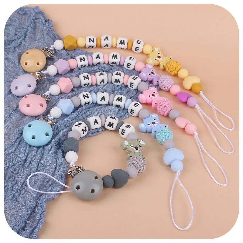 Koala Customized Name Baby Pacifier Clips Chain Silicone English Name Letter Beads Teether Toys Dummy Holder Pacifier Chain Gift