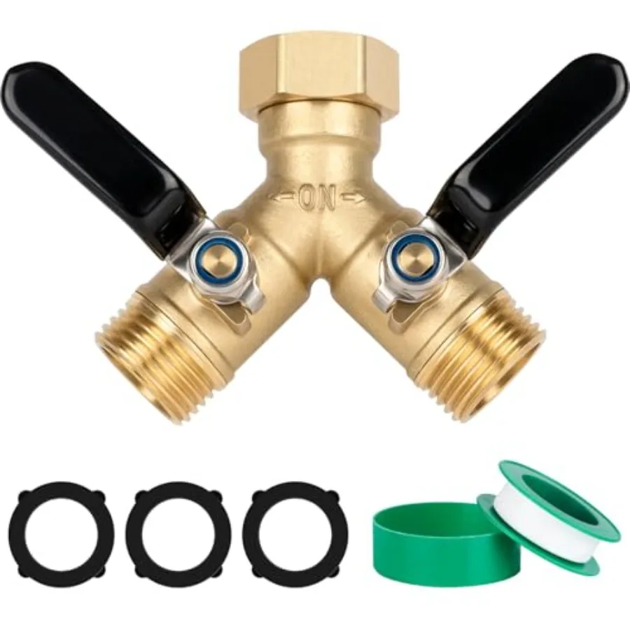 

Garden Hose Splitter 2 Way, Brass Y Hose Connector With Long Handle Shut Off Valves, 3/4" GHT Heavy Duty Outdoor Faucet Adapter