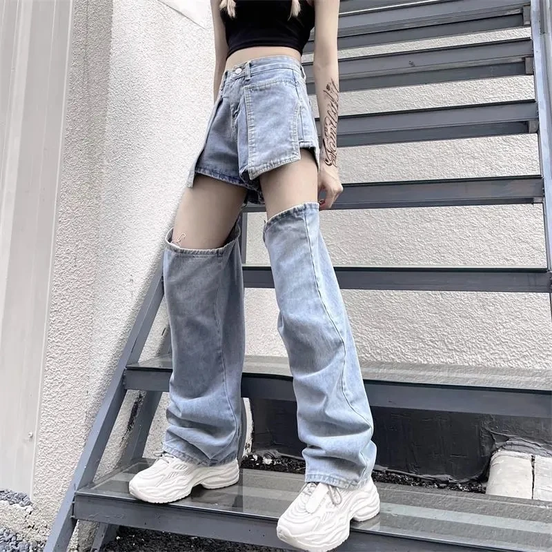 New Cargo Straight Women Jeans American Button Daily Long Leg Jeans High Waist Denim Korean Fashion Pants