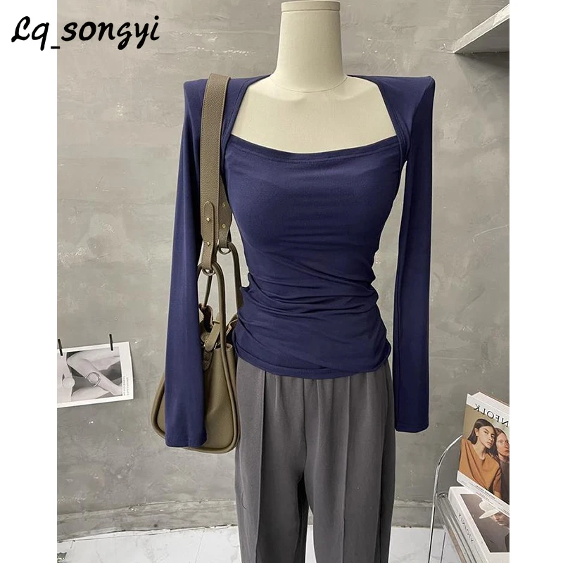 

Lq_songyi Square Neck T Shirts Sexy Base Slim T Shirt Women High Strech Tight Tops 24 Spring Buttons Long Sleeve Solid Thin Top