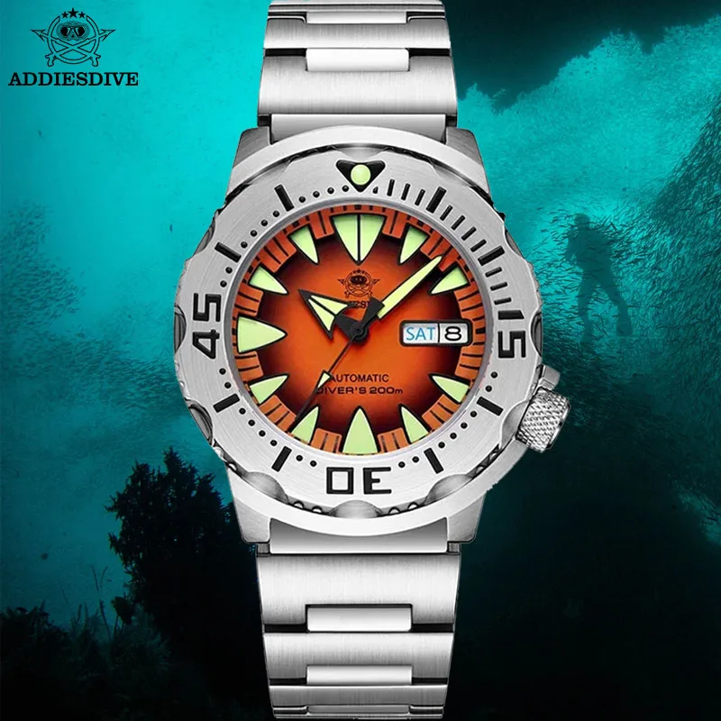 Addiesdive Monster automatische mechanische Taucher uhr ad2103 Saphirglas 200m Taucher uhren für Männer super leuchtende Armbanduhr