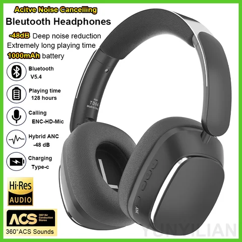 Original ANC TD66 블루투스 헤드폰, -48db 액티브 노이즈 캔슬링 이어폰, 1000mAh 100H 재생, HiFi ANC-Max 무선 헤드셋