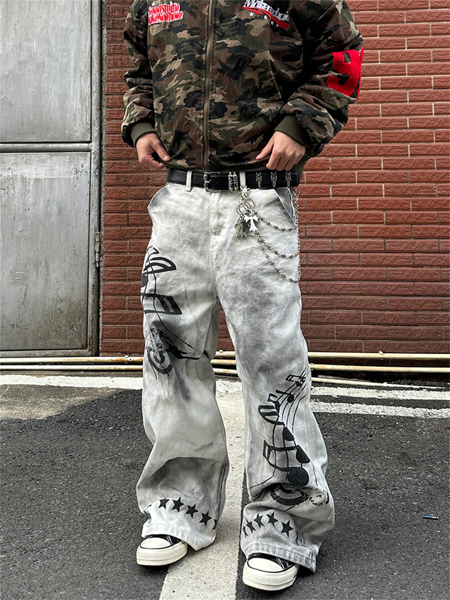 

Women's Light Gray Wash Oversized Wide Leg Denim Jeans Music Note & Star Print Baggy Punk Y2K Streetwear Ladies Casual Pants