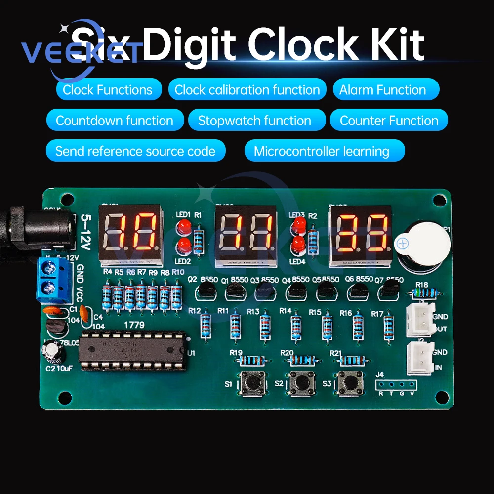 DC5-12V Six Digit Digital Clock Electronic DIY Kit Multifunctional LED Digital Timer DIY Kit for Beginners Practice Welding