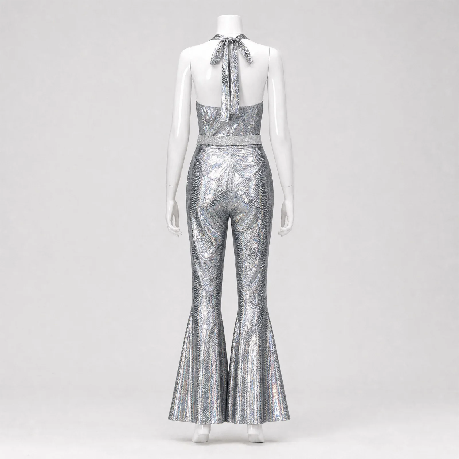 Funkelnder Metallic-Discobodysuit für Damen, ärmellos, mit V-Ausschnitt, rückenfrei, Schlaghose, 70er-Jahre-Nachtclub-Bühnen-Cosplay-Outfit – Detail 27
