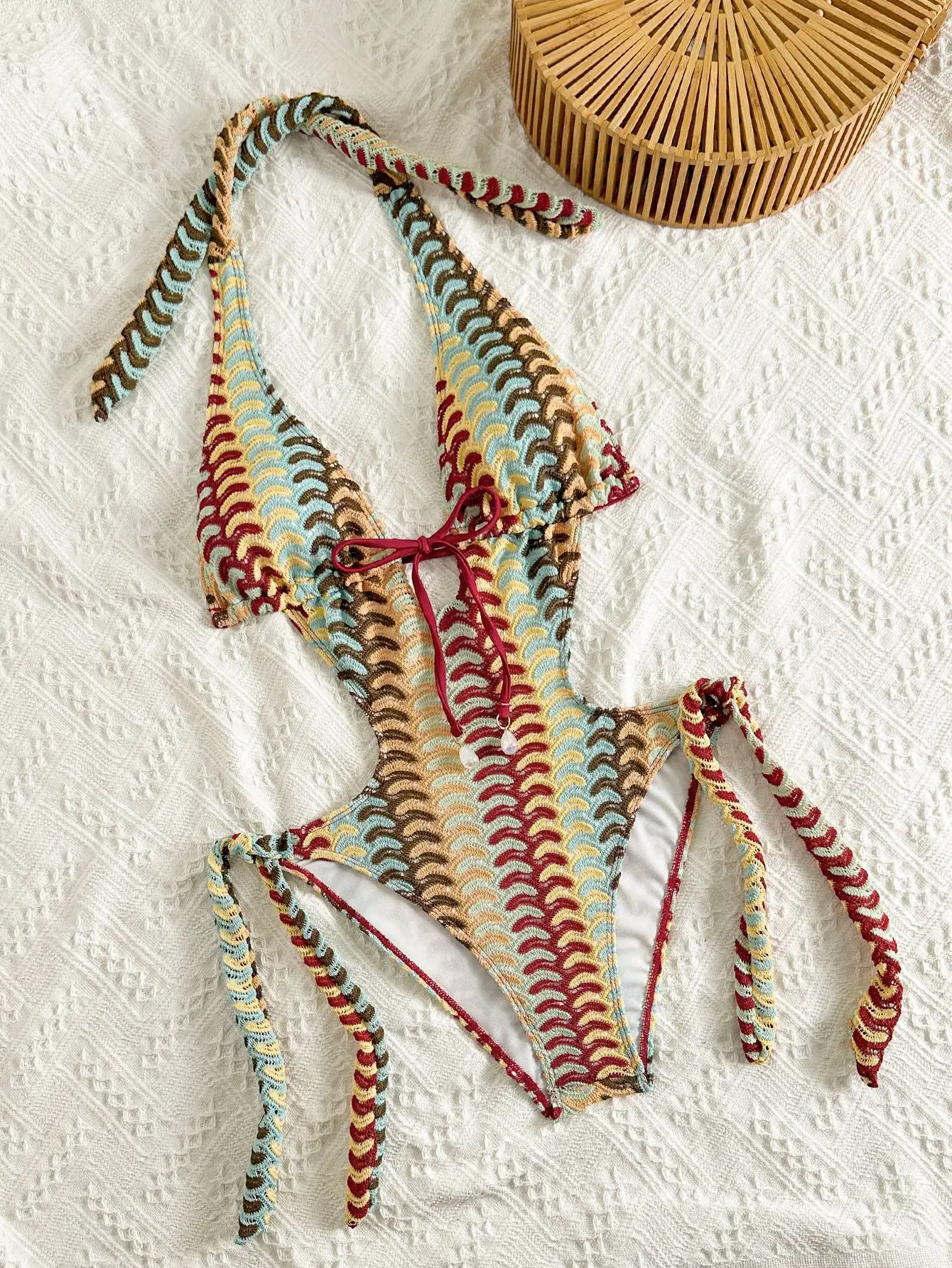 Women One Piece Swimsuit Retro Striped Halter Neck Deep V Hollow Out Bandage Monokini Swimwear 2026 New Beachwear Bathing Suit