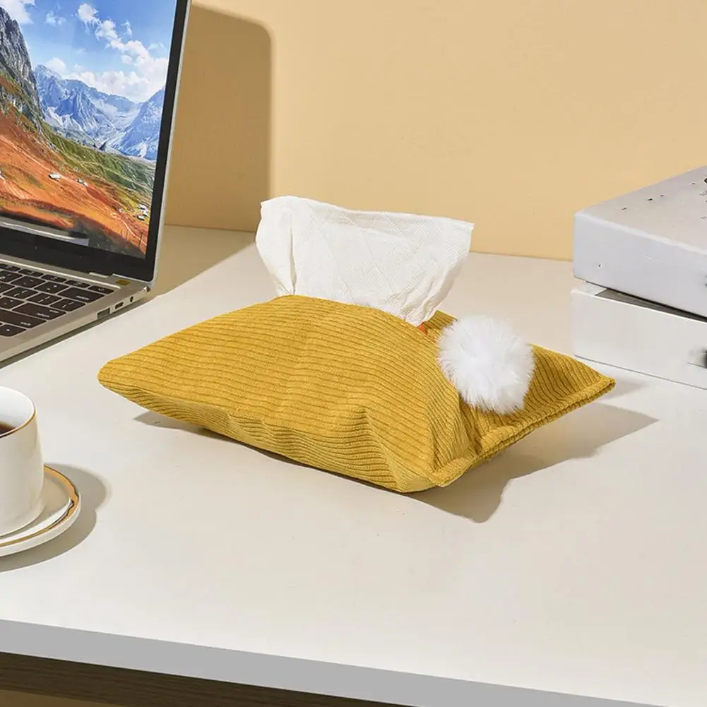 25x16cm Corduroy Tissue Holder Soft Storage Bag with Plush Pom-Pom for Home Car