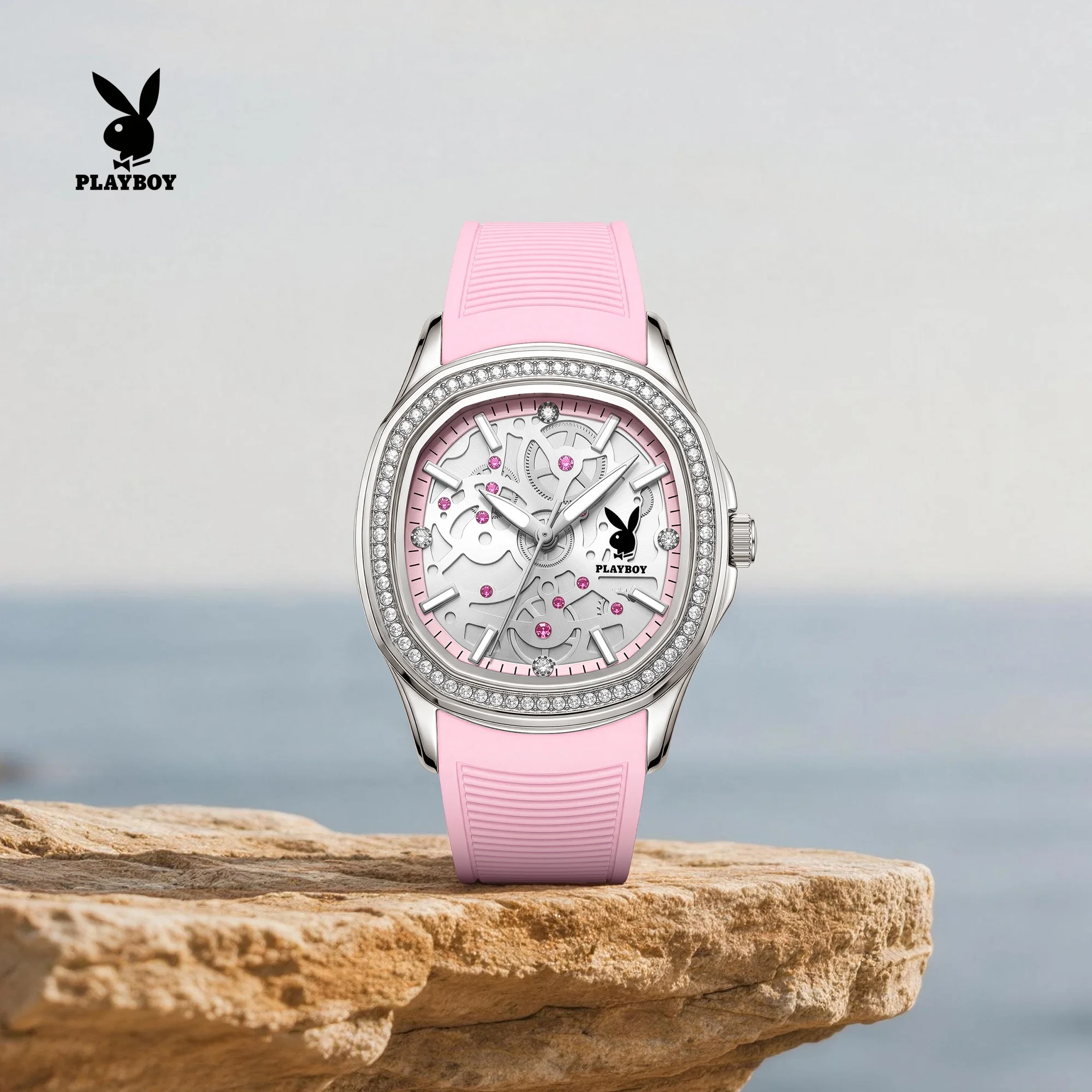 PLAYBOY Woman Quartz Wristwatch Waterproof Luminous Silicone Strap Casual Fashion Square Watches For Woman Original Reloj 3157