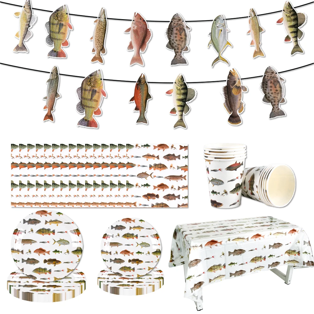 Angeln Themen Party Einweg geschirr Set Papp teller Tasse Serviette Tischdecke Banner Geburtstag Hochzeit Party Geschirr liefern