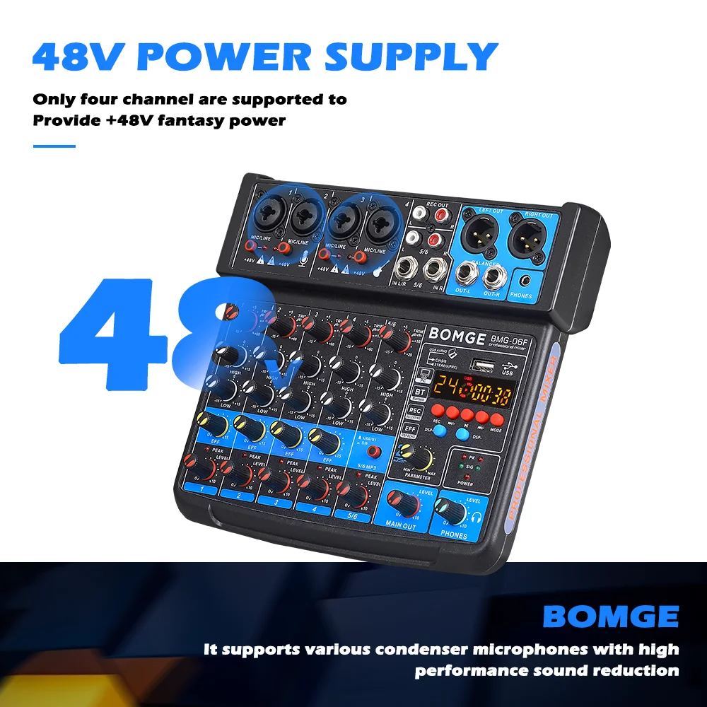 Bomge 6 Kanaals Audio Mixer Mini Mixing Sound Console Usb Audio Interface Geluidskaart Met 16dsp 48V Fantoomvoeding Voor Karaoke Dj