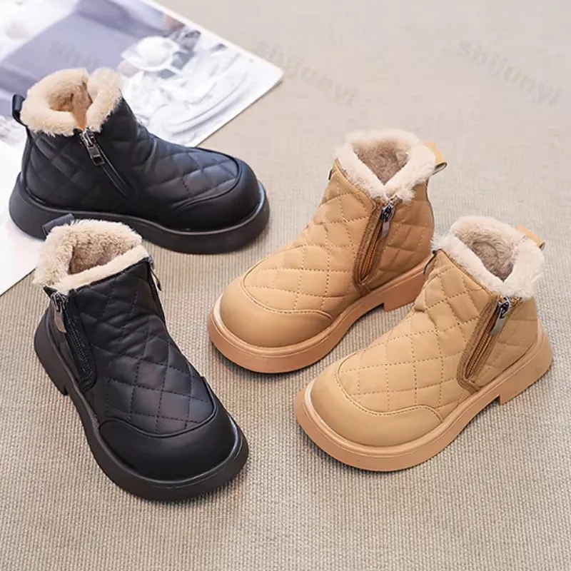 

England Style High Top Winter Shoes Kids new 2025 Fashion Plaid Leather Boots Children Side Zipper Warm Boys Girls Snow Boots