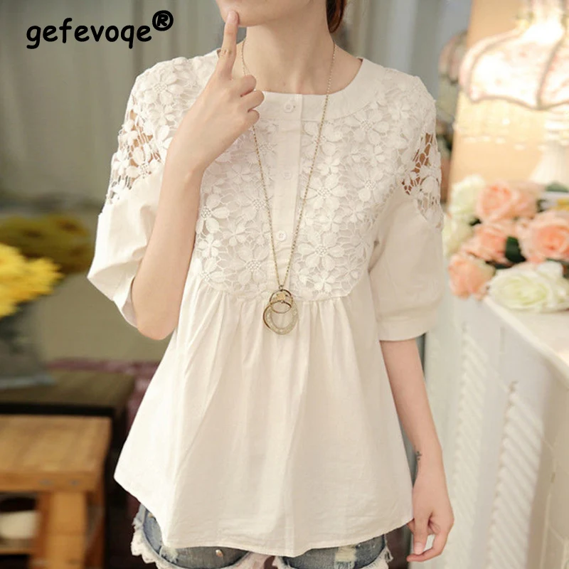 

Elegant Fashion Solid Hollow Out Lace Chiffon Shirt Summer 2023 New Streetwear O-Neck Short Sleeve Loose Pullover Women Clothing