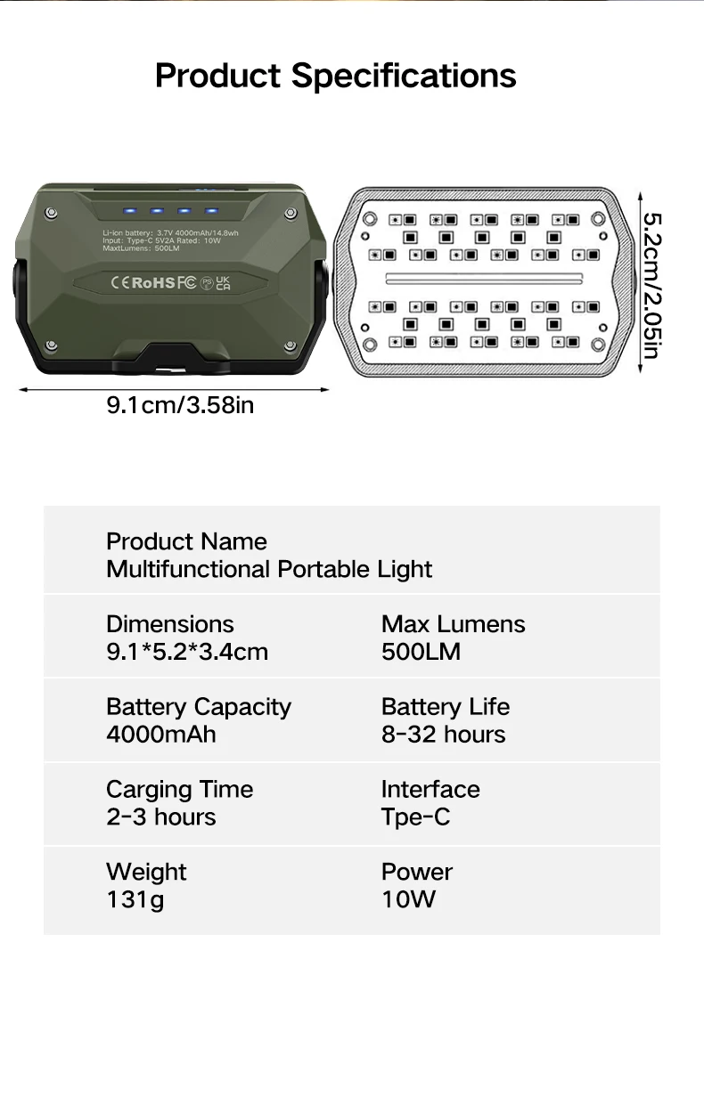 Tragbare Outdoor-Campinglaterne, superlange 4000-mAh-Batterie, wiederaufladbares Notlicht, starker Magnet, Arbeitslicht für Reparaturen – Detail 12
