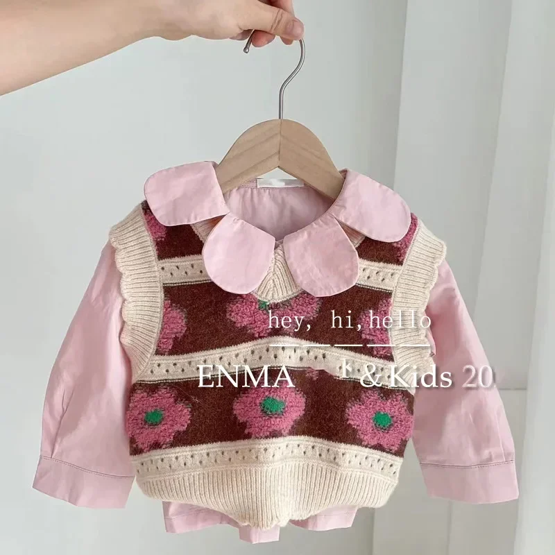 Abiti per ragazze Bambini 2024 Nuova collezione autunnale Camicette rosa e gilet a fiori Top Set in due pezzi Abiti stile semplice coreano