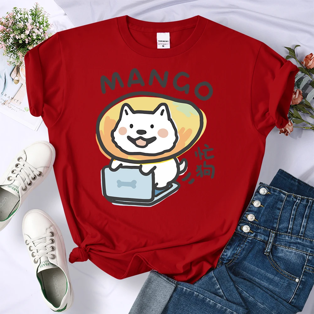 Busy Dog Mango Fruit Dog Printed T-Shirt Female Breathable Soft T Shirts Loose Summer Tee Clothing Crewneck Street Women Top