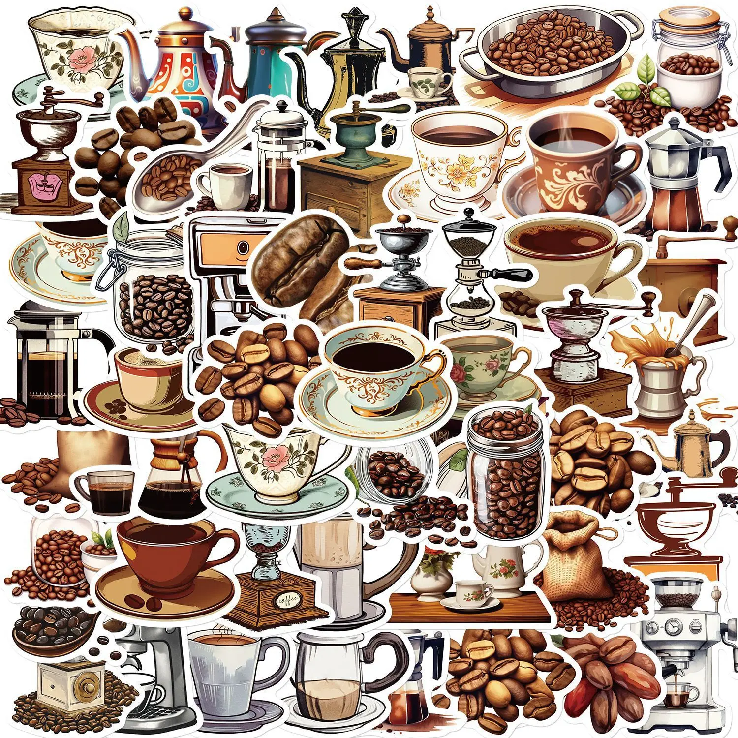 

10/30/50PCS Retro Coffee Machine Coffee Bean Stickers Doodle Personalized Creative Laptop Skateboard Decorative Stickers Toy