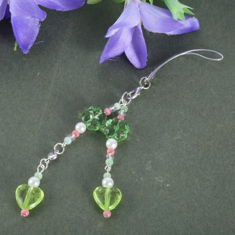 S1Y1 Mobile Phone Pendant Four Leaf Clovers Beaded Keychain Fashionable Keyring Charm Handmade Gift for Friend and Family