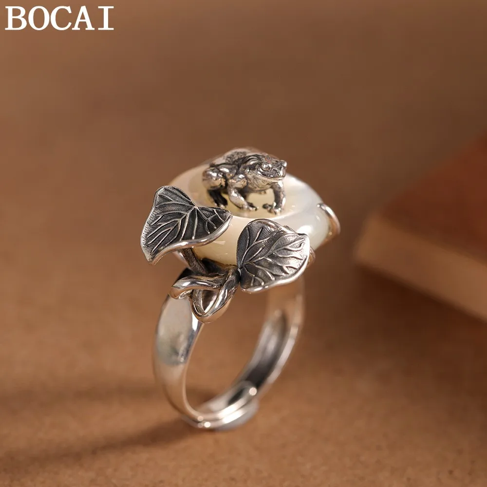 BOCAI S925 Silver Charms Rings for Women Men Retro Frog Lotus Inlaid White Sea Shells Lover's Gift Fashion Jewelry Wholesale