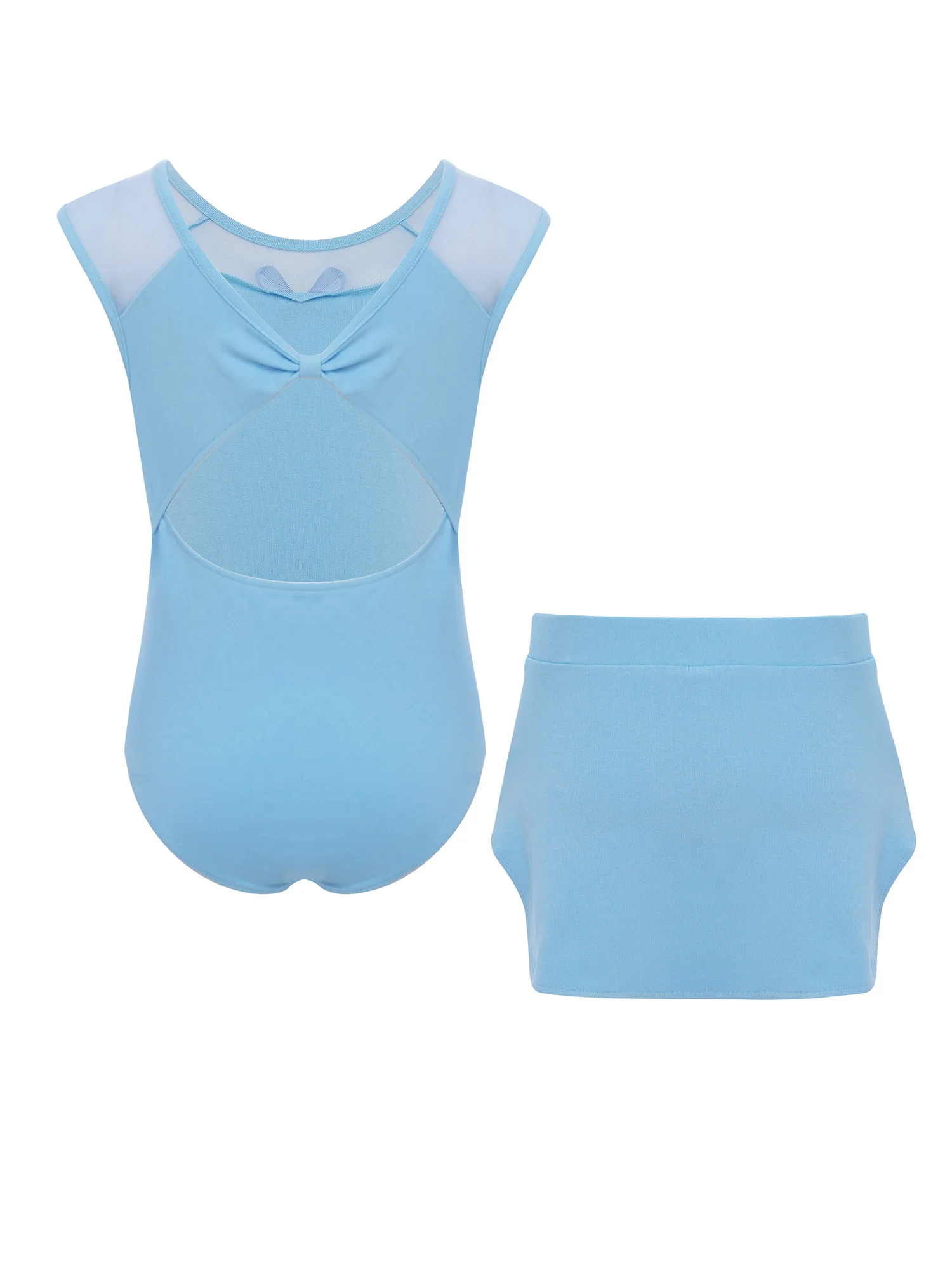 Body da danza classica per bambina, girocollo, senza maniche, con nodo, ritaglio sul retro, body con fiocco patchwork in rete trasparente con gonna a fessura laterale