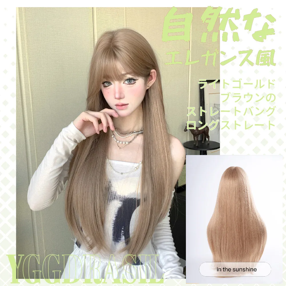 باروكة صناعية بنمط كلاسيكي بني ذهبي فاتح بطول 30 بوصة مع غرة شعر طبيعي طويل مستقيم للنساء للاستخدام اليومي مقاوم للحرارة #1