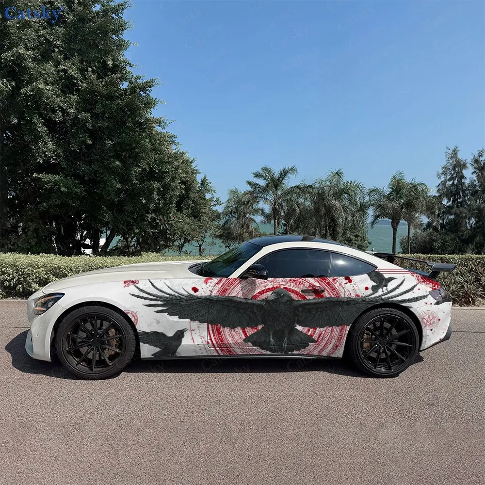 2pcs Blood Stains Mystic Array Raven Car Side Wrap, Self-Adhesive PVC Waterproof & Scratch-Resistant Sticker, Car Accessory Gift