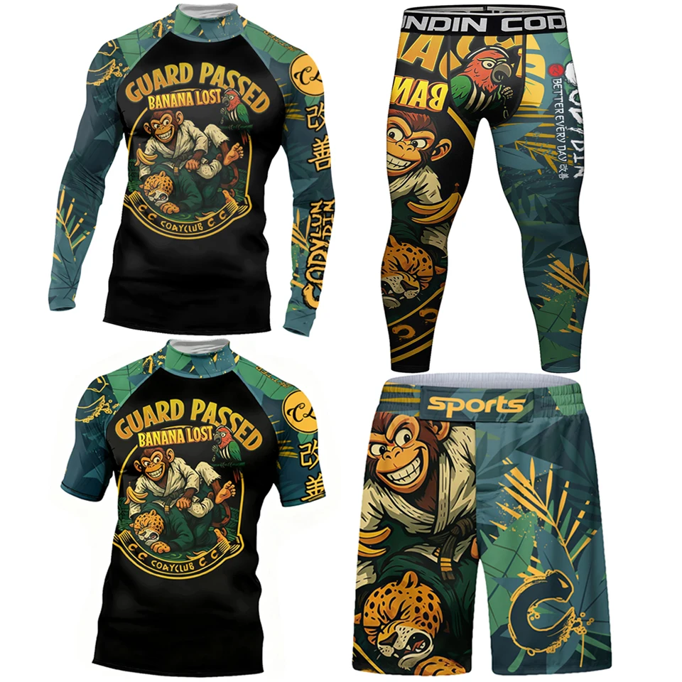 New 4-Piece MMA Sets Quick Dry Rash Guard T-shirt & Fight Shorts Men No-Gi BJJ Brazilian Jiu Jitsu Grappling Boxing Sportswear