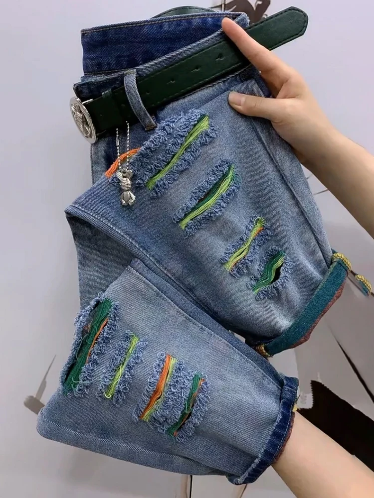 Woman Denim Harem Pants Spring And Summer New Fashion High Waist Ripped Color Stripes Casual All-match Loose Jeans Pants