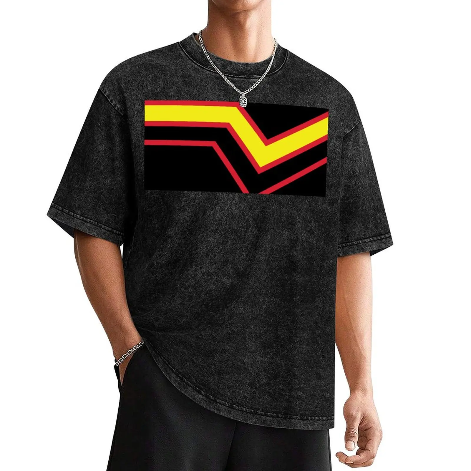 

Black Red Yellow Stripe Rubber Latex Pride Flag T-Shirt oversized graphic tee tops mens tall t shirts