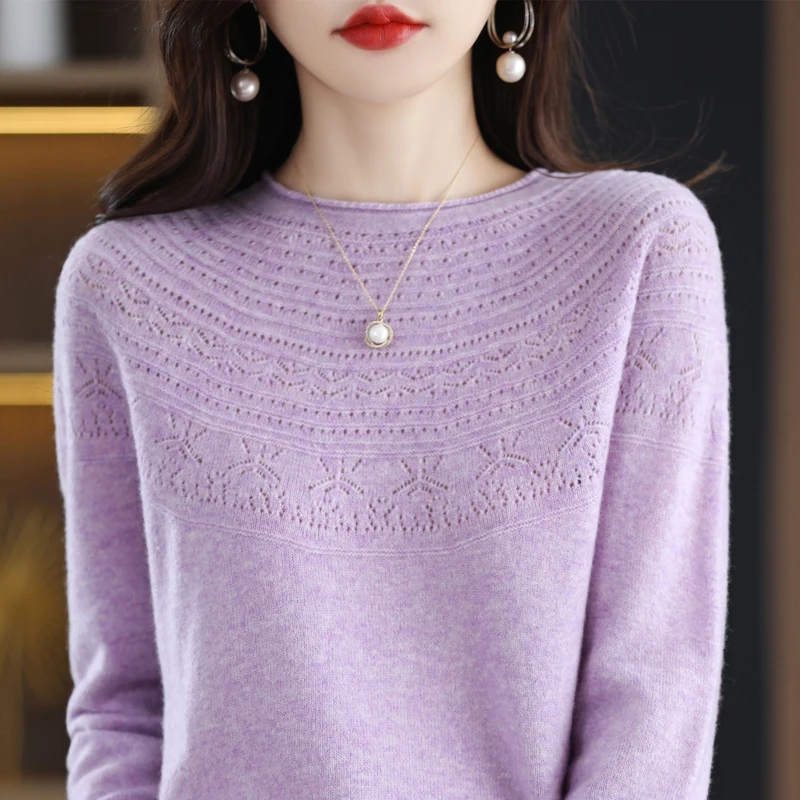 Fall/winter 100% wool single-thread ready-to-wear hollow women\'s pullover curled O-neck cashmere sweater knitted solid color