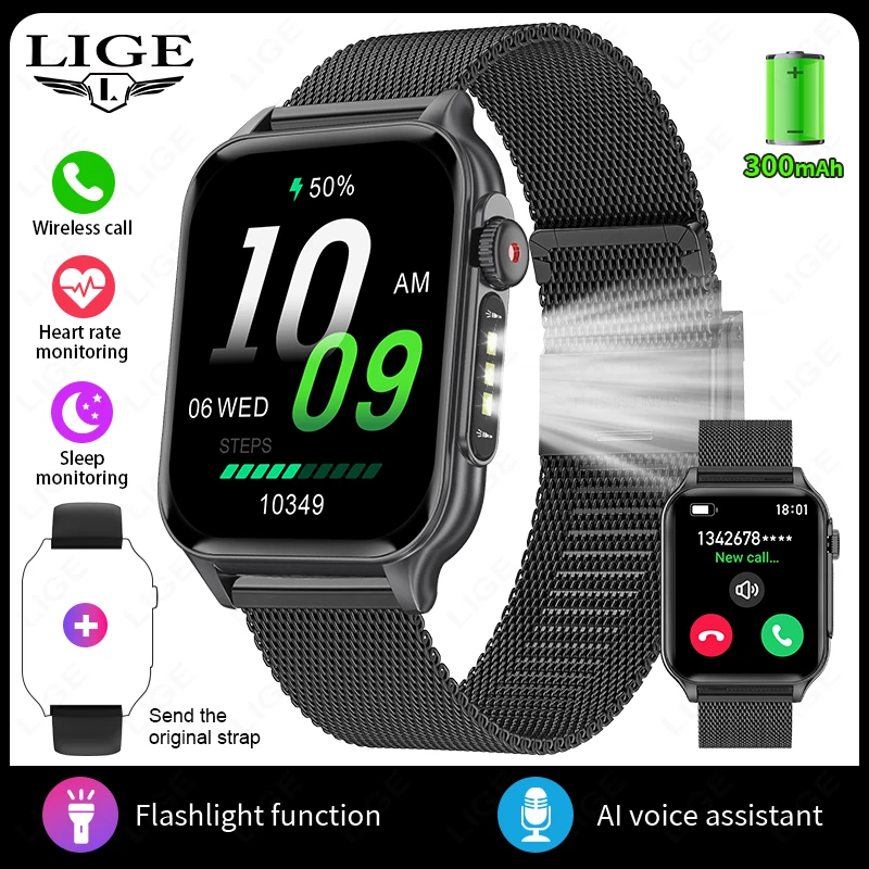 LIGE Neue 1,96 "Smart Uhren Männer Frauen LED Taschenlampe 3ATM Wasserdichte Sport Uhr Fitness Tracker Herzfrequenz Überwachung Smartwatch mann 3