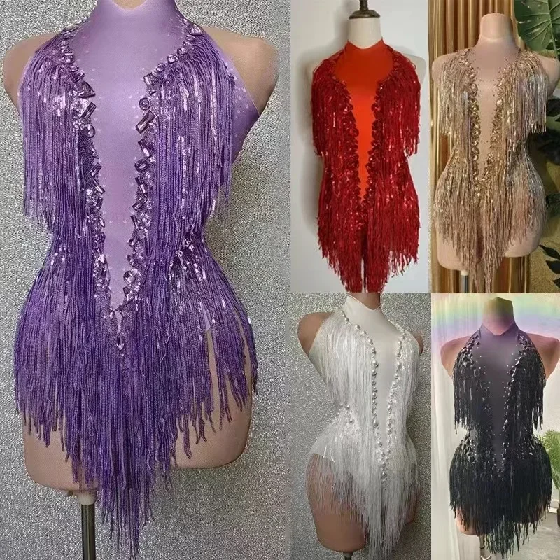 Singer Dancer Costume Stage Wear Sexy Performance Bodysuit Sparkly Rhinestones Sequins Tassel Leotard Women Nightclub Outfit