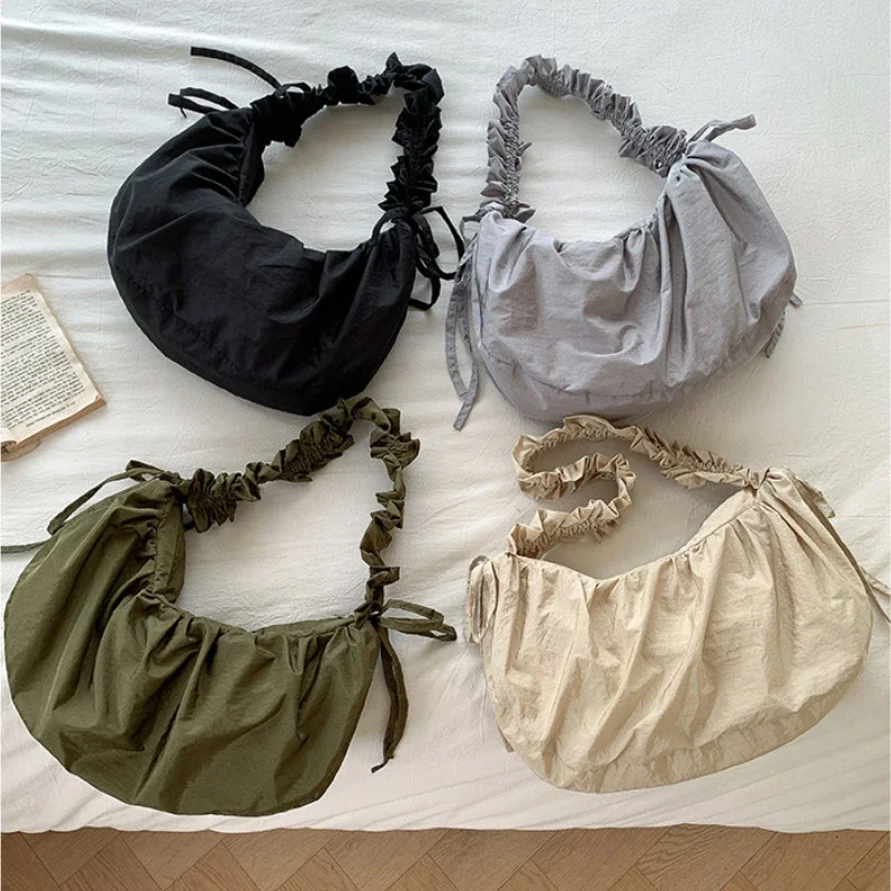 Drawstring Niche Design Shoulder Bag New Pleated Diagonal Crossbody Bags Nylon Fashionable Casual Handbag