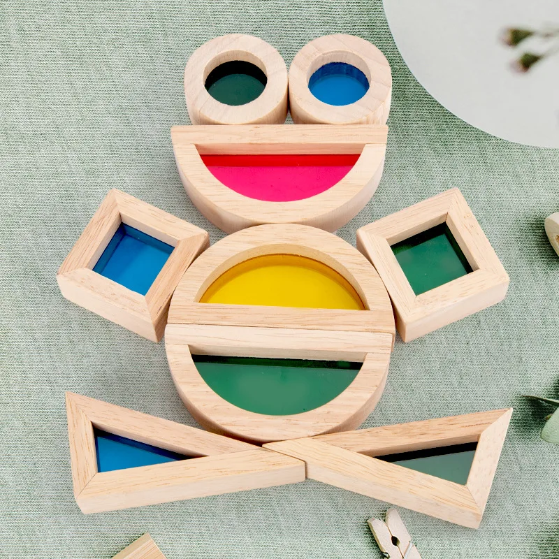 Kids Montessori Wooden Toy Sensory Rainbow Mirror Blocks Solid Rubber Wood Stacking Acrylic Building Stacker Educational Play