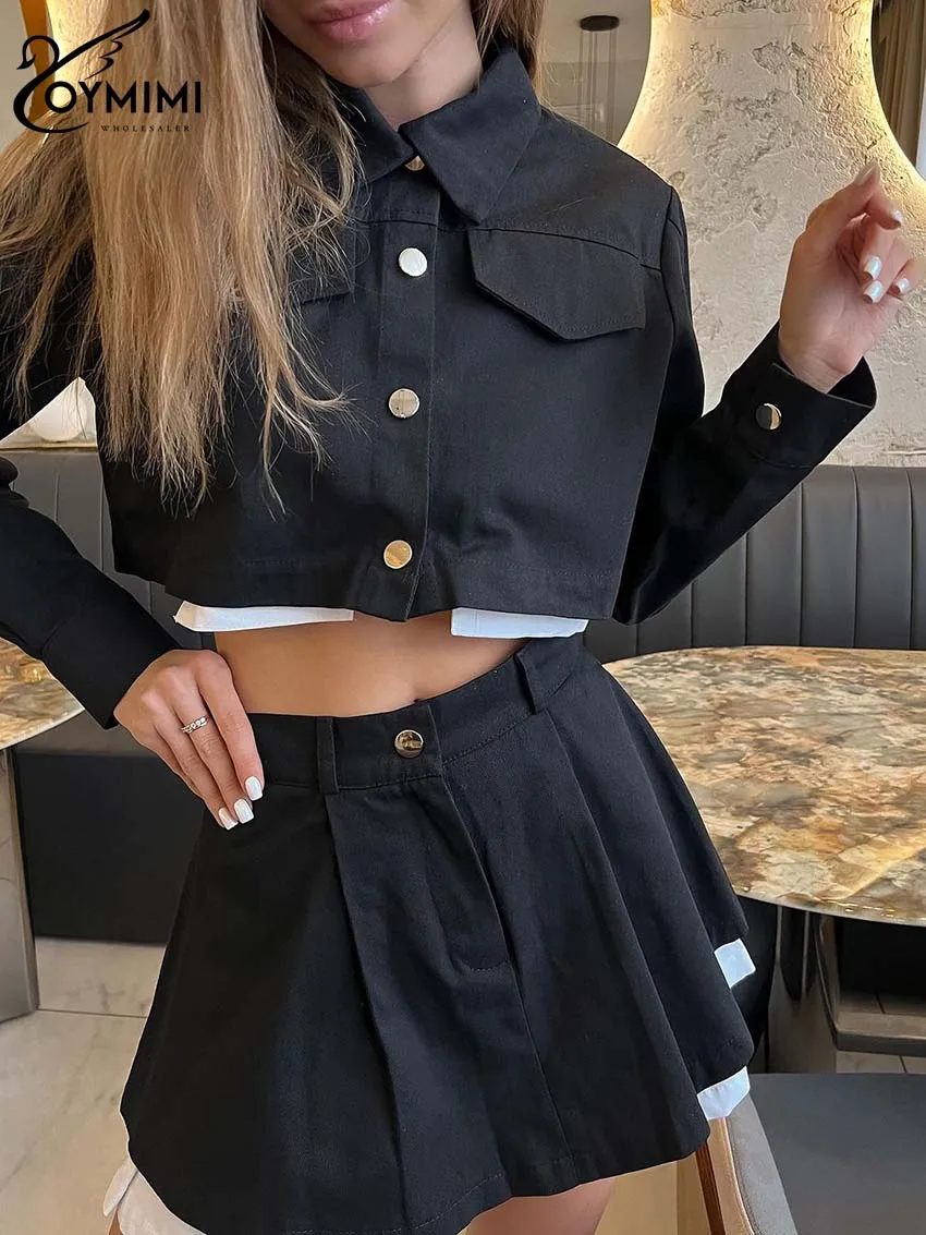 Oymimi Fashion Balck Patchwork Womens 2 Piece Outfit Set Elegant Long Sleeve Pockets Button Crop Shirt + Pleated Mini Skirts Set