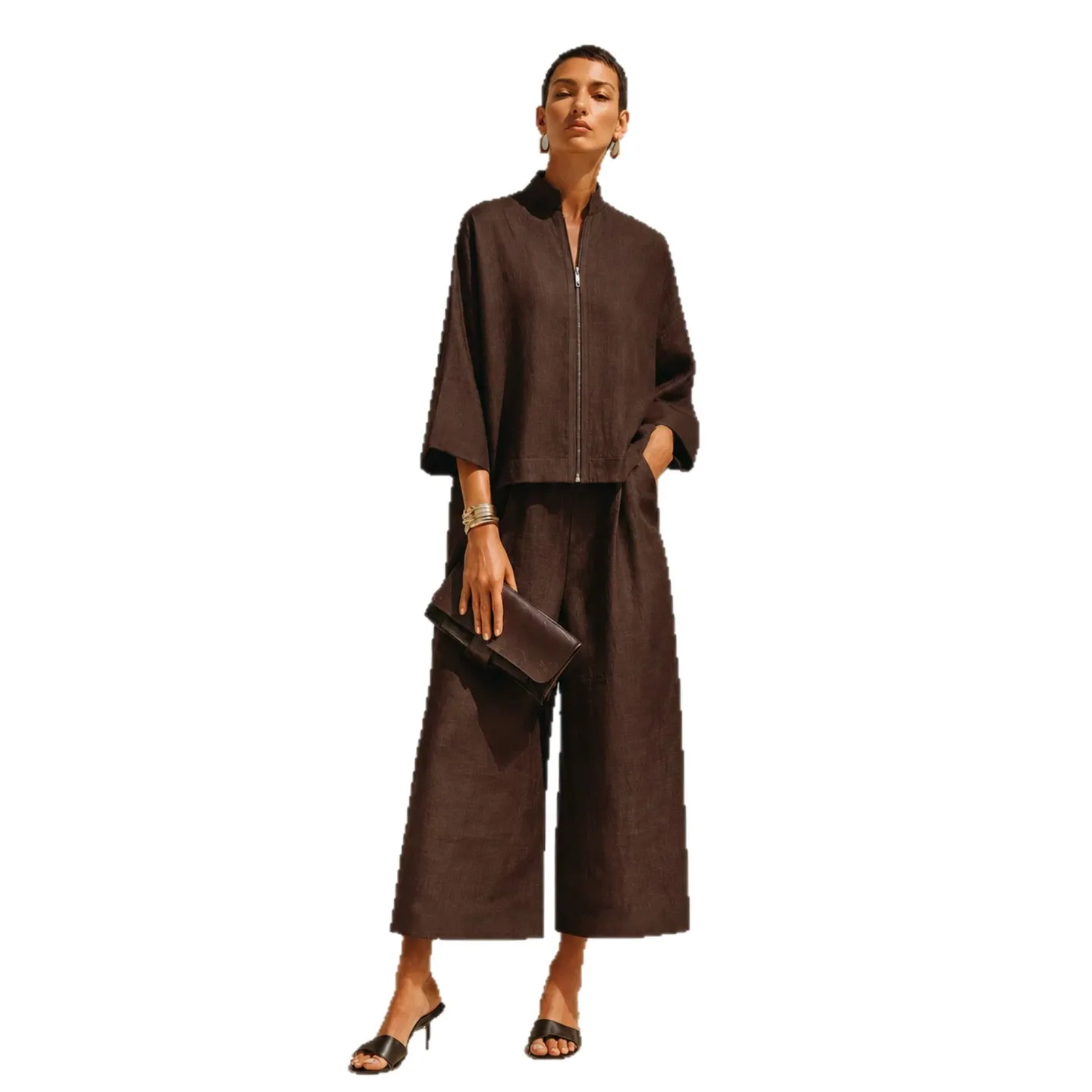 New Women Fashion Spring Autumn Linen Two Piece Set Stand Collar Zip 3/4 Sleeve Top Wide Leg Pants Casual Solid Matching Outfit view 6