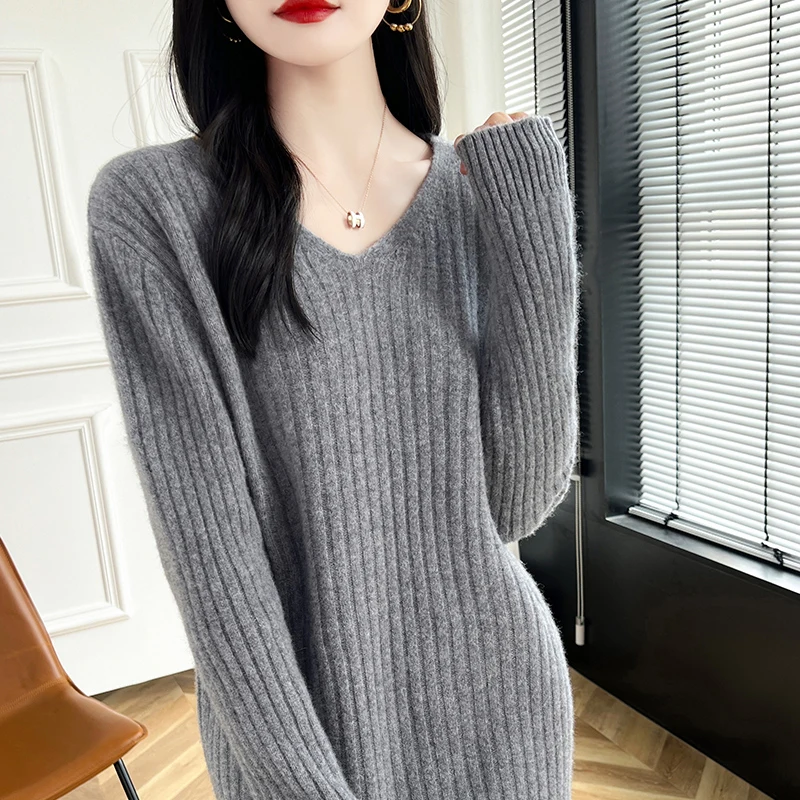 100% Wool Knitted V-neck Loose Dresses Hot Sale V-Neck Sweaters Women Soft Ladies Jumpers 2024 Winter Cashmeres Clothing