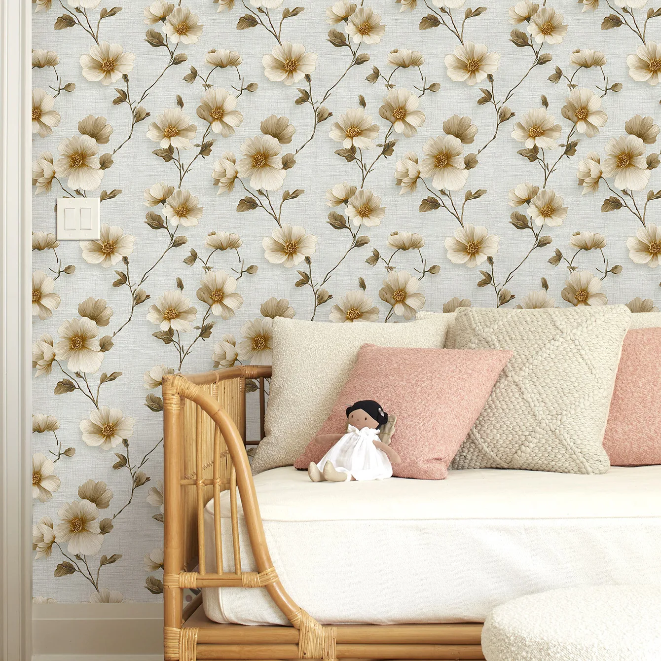 Self Adhesive Floral Wallpaper Beige Flower on Light Linen Background Waterproof Removable Wall Sticker for Living Room Bedroom
