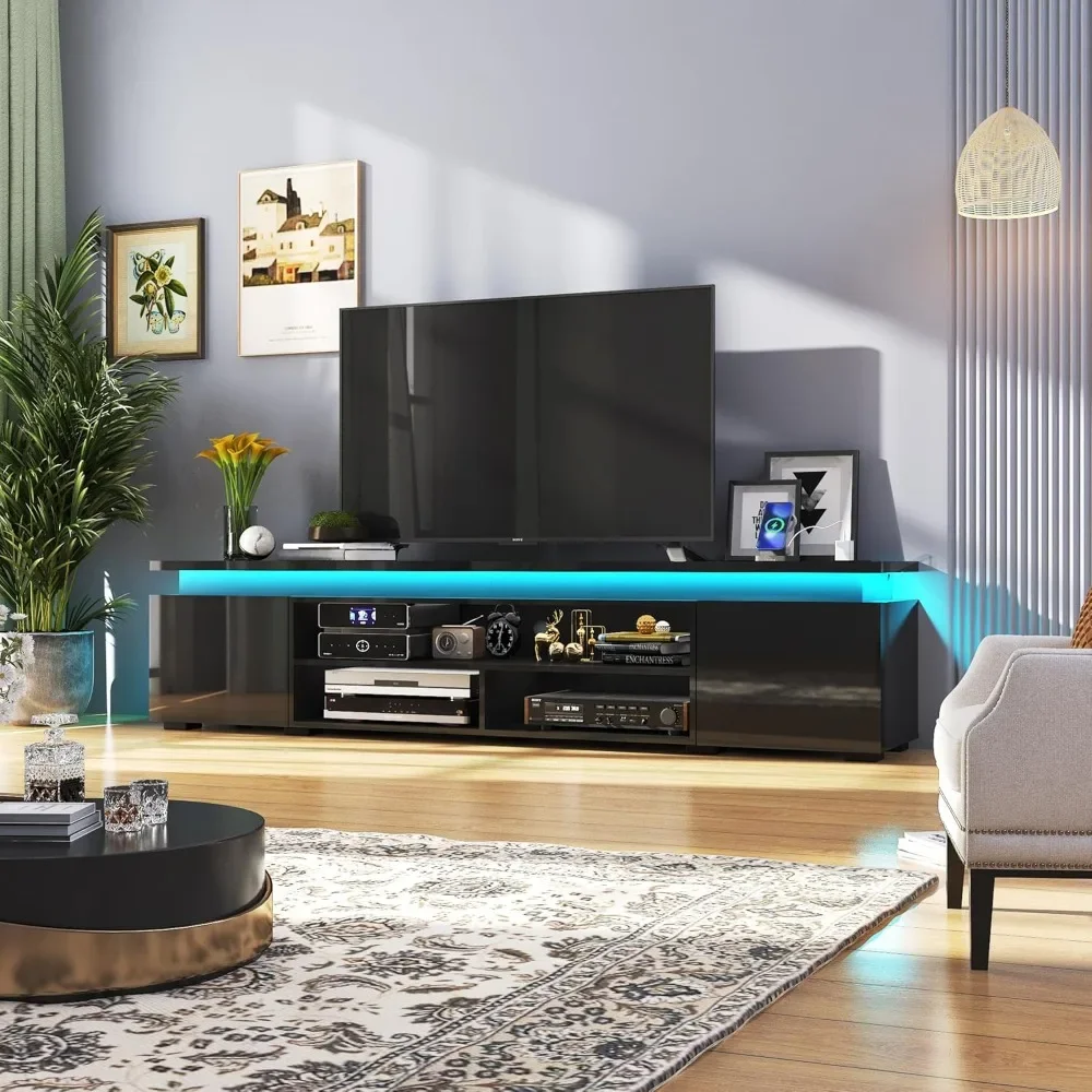 Modern Gaming TV Stand with Power Outlet, High Gloss TV Console Entertainment Center with Storage for Living Room, Bedroom