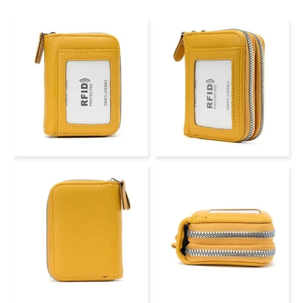 Multi-Functional Organ Card Bag Anti-Degaussing PU Leather Double Zipper Coin Pouch RFID Solid Color Anti-Theft Card Holder