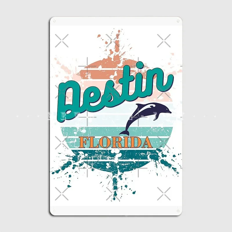 Destin Florida Exploding Watercolor Retro Sunset Metal Sign Club Party Home Custom Wall Decor Tin Sign Poster