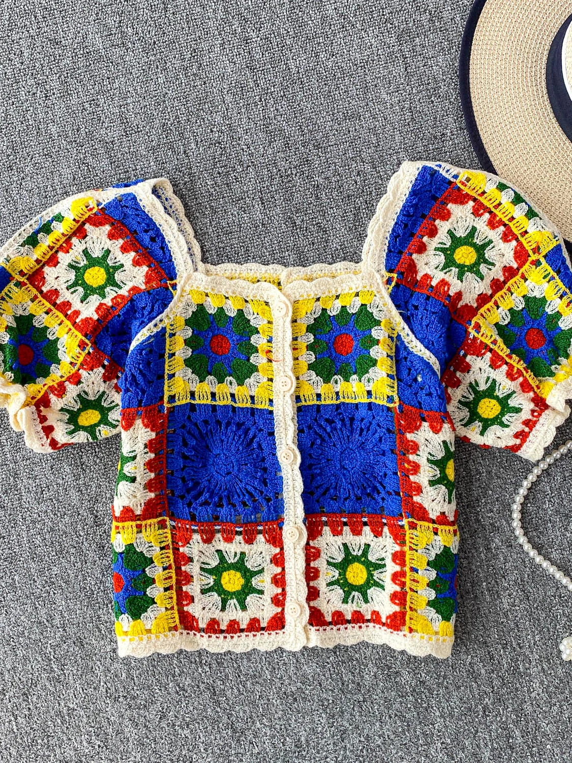 

Korean Sle Slim Fit ort Knitted Top Women's Heavy Embroidery Hollow out Bubble Sve Square Collar Summer Single Button