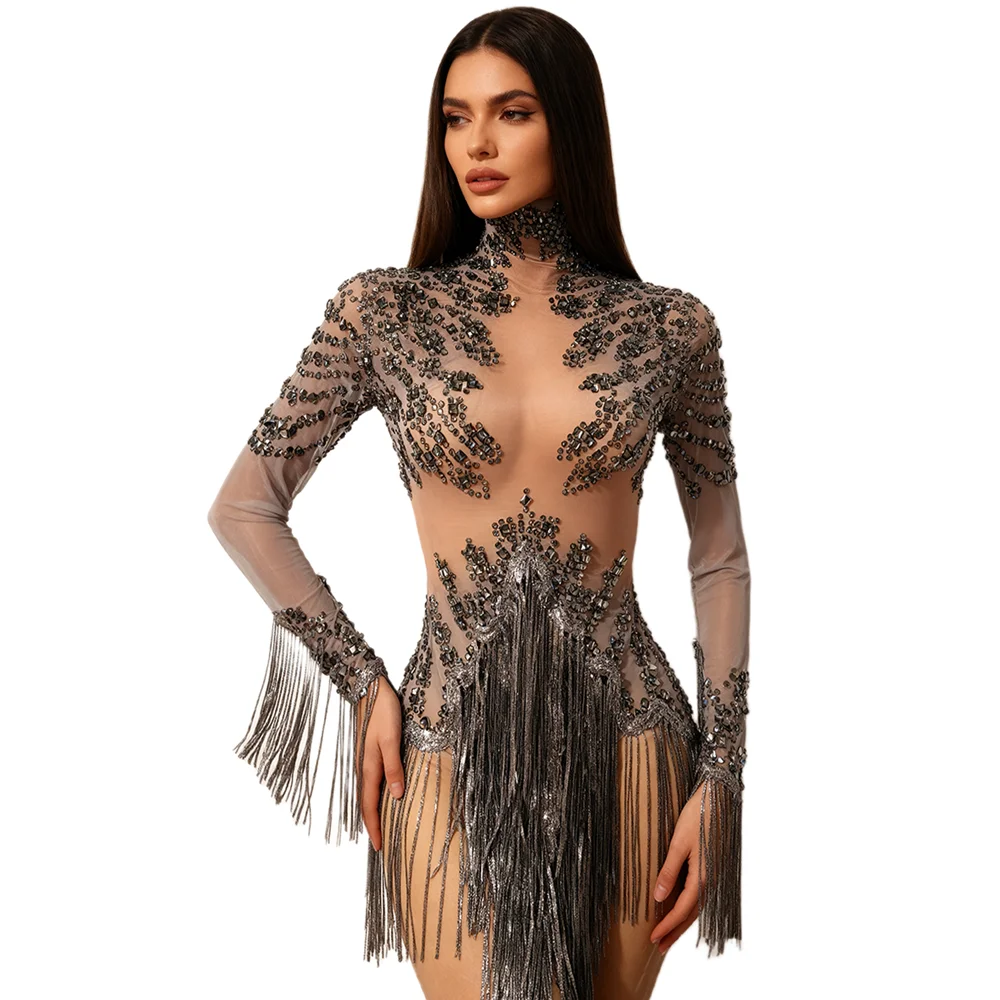 

Sexy Long Sleeves Rhinestone Tassel Club Party Bodysuits Women Fringes One Piece Short Jumpsuit Festival Outfit Dancer Leotard